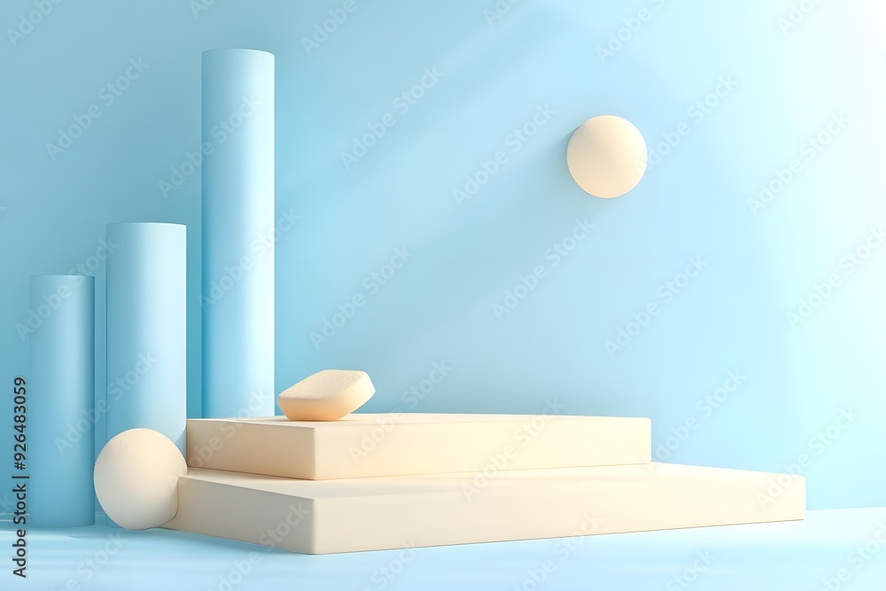 Abstract Minimalist 3D Rendered Scene with Blue Cylinders and Beige Platforms Abstract Minimalist 3D Rendered Scene with Blue Cylinders and Beige Platforms