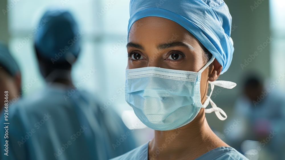A female doctor in a blue coat, a surgical mask and a blue cap looks straight to the side against the backdrop of the hospital premises. A female doctor in a blue coat, a surgical mask and a blue cap looks straight to the side against the backdrop of the hospital premises.