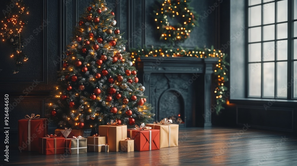 Fototapeta premium Festive decorations create a warm atmosphere in a living room featuring a stunning Christmas tree surrounded by colorful presents