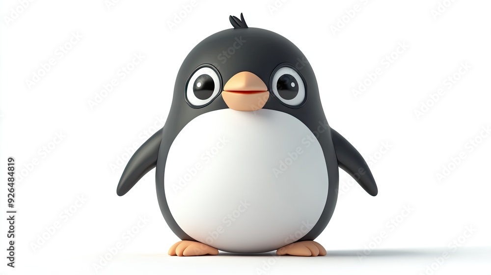 Fototapeta premium A 3D illustration of a small, chubby penguin with a playful expression, sitting on a white background.