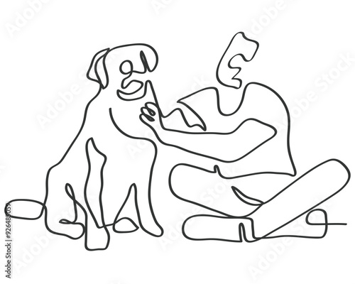 hand drawn line art vector of a man petting the dog. Vet concept art. Pets postcard doodles.