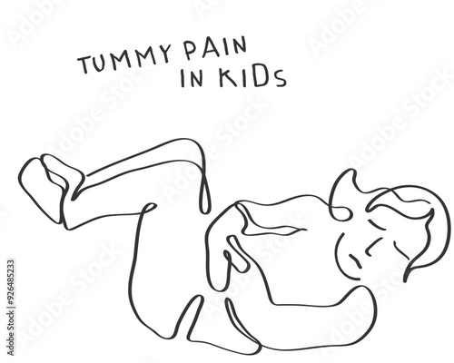 hand drawn line art vector of a young girl lying on bed with strong tummy pain. Children health issues concept.