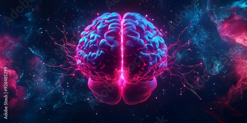 Neon-infused futuristic brain with vibrant electric neural connections, set against a cosmic space background