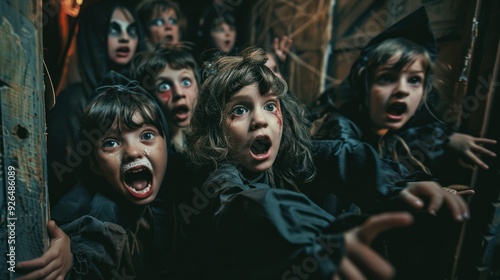 A group of children in costumes, reacting with playful fear to a haunted house.