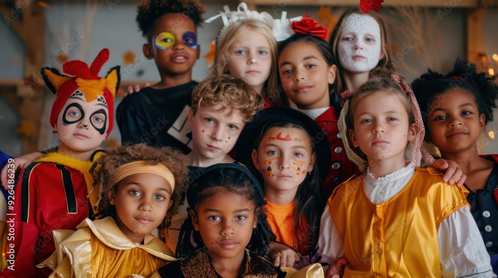 A group of diverse children in colorful Halloween costumes, posing for a photo. A group of diverse children in colorful Halloween costumes, posing for a photo.