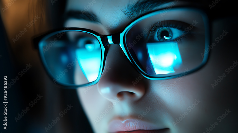 Close-Up of Computer Screen Reflection in Woman's Glasses in Dark Room Close-Up of Computer Screen Reflection in Woman's Glasses in Dark Room