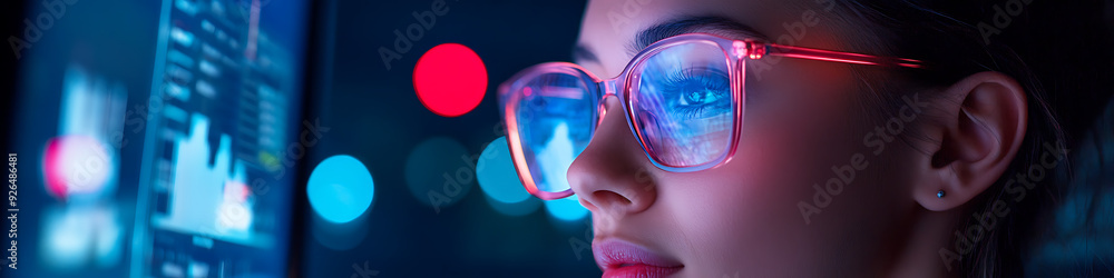 Close-Up of Computer Screen Reflection in Woman's Glasses in Dark Room Close-Up of Computer Screen Reflection in Woman's Glasses in Dark Room