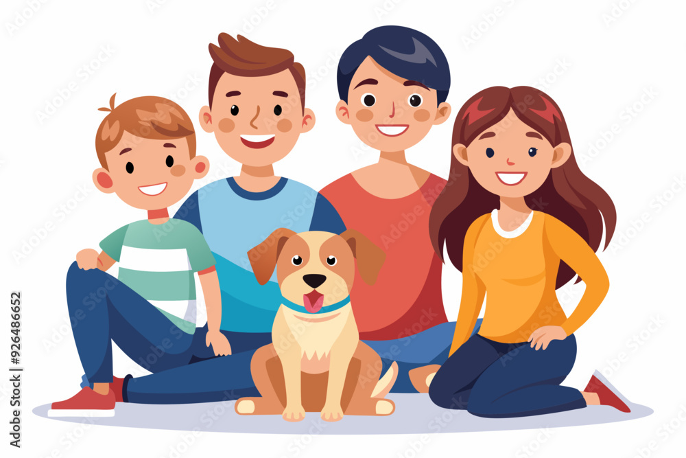 Happy family sitting on a white background. Father, mother son, daughter and dog
Happy family sitting on a white background. Father, mother son, daughter and dog