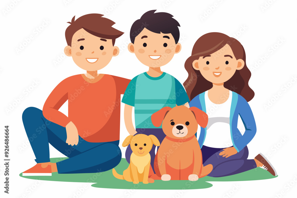 Happy family sitting on a white background. Father, mother son, daughter and dog
Happy family sitting on a white background. Father, mother son, daughter and dog