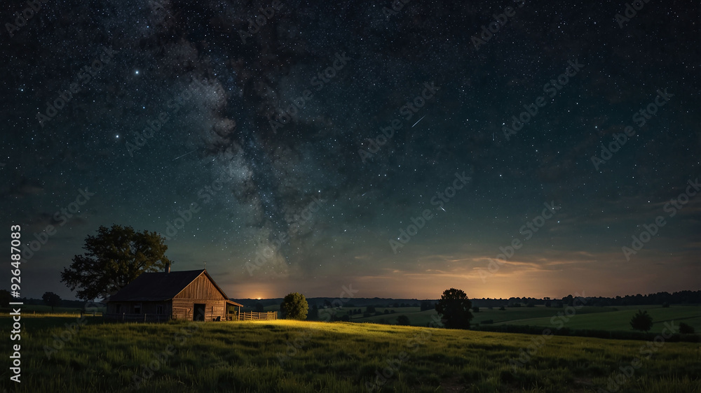Stunning Starry Night Sky Over a Countryside Barn with Milky Way and Shooting Stars Stunning Starry Night Sky Over a Countryside Barn with Milky Way and Shooting Stars