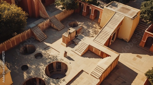 Aerial shot of the Jantar Mantar in Jaipur, highlighting the geometric structures and their shadows in the sunlight. photo