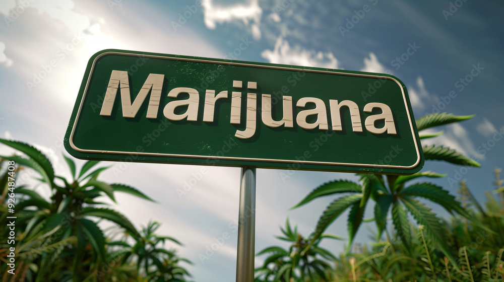 Fototapeta premium Weathered, green sign displaying the word marijuana stands before a field of cannabis plants growing under a blue sky