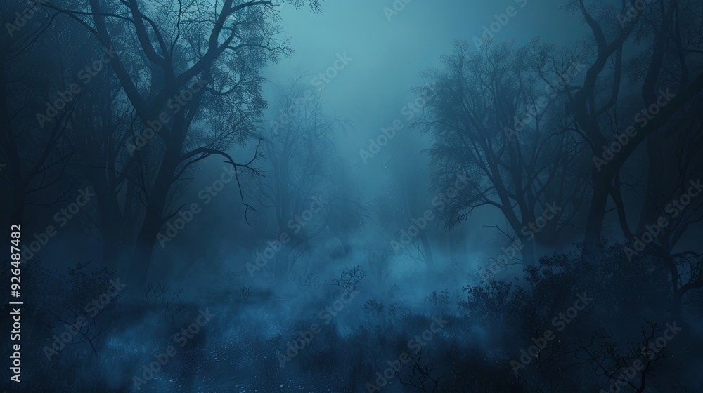 Obraz premium Halloween mystic background at dense dark forest, with twisted trees and hanging moss. The moonlight filters through the branches, eerie, shadowy ambiance, mysterious illustration, banner with space