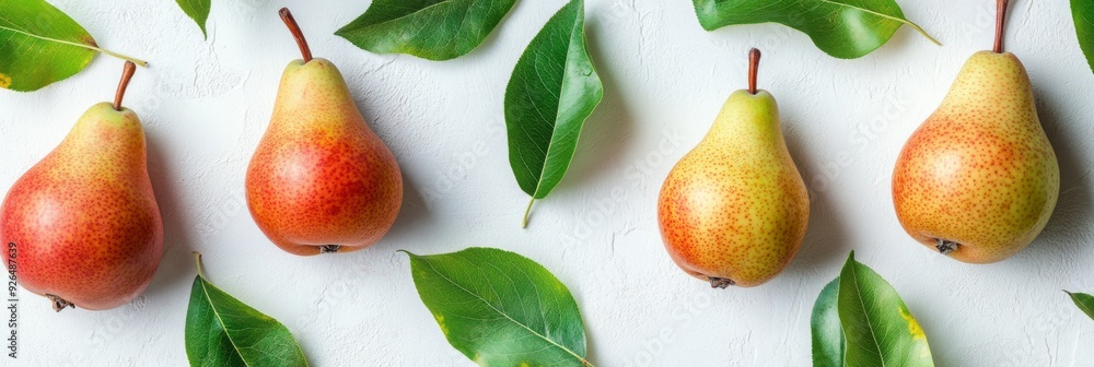 Close up ripe pears and leaves on a white background. Pear fruit texture Close up ripe pears and leaves on a white background. Pear fruit texture