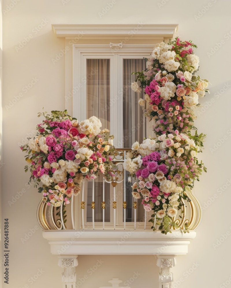 Fototapeta premium Beautiful balcony adorned with vibrant floral arrangements in shades of pink and white against a soft beige wall