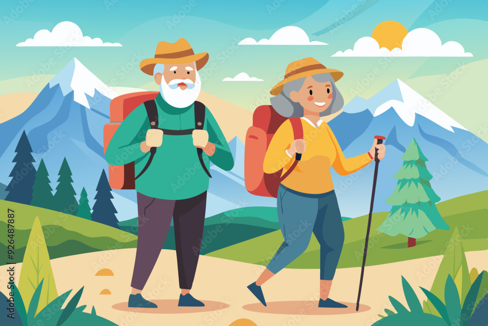 Seniors on hiking. Mature man and woman with backpacks and sticks climb the mountain. Happy elderly couple is engaged in active recreation
Seniors on hiking. Mature man and woman with backpacks and sticks climb the mountain. Happy elderly couple is engaged in active recreation