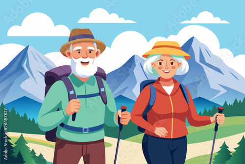 Seniors on hiking. Mature man and woman with backpacks and sticks climb the mountain. Happy elderly couple is engaged in active recreation
