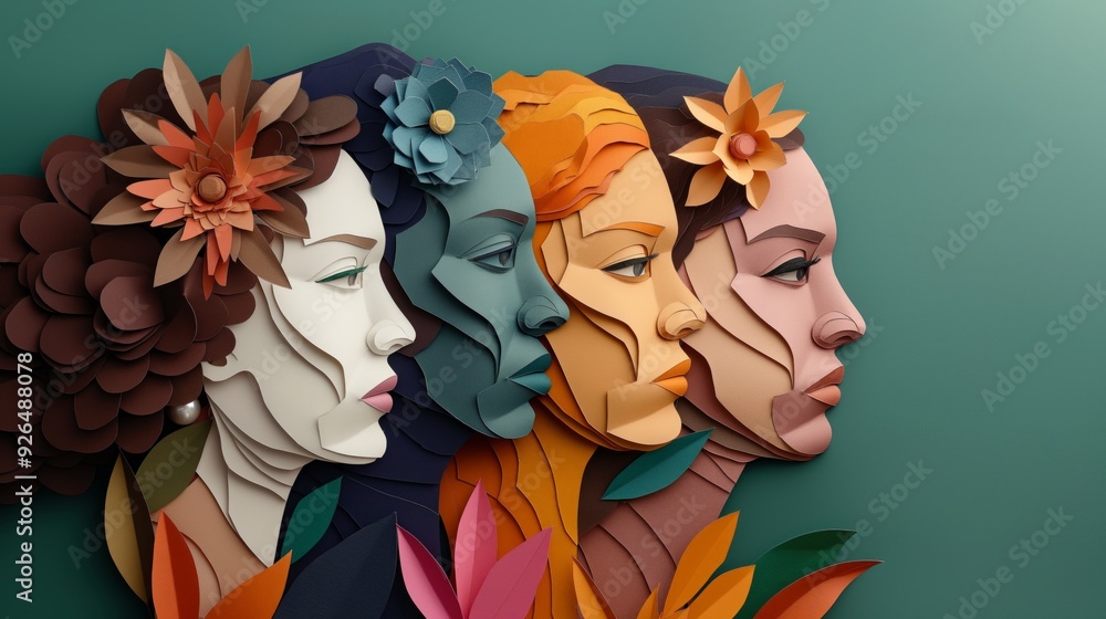 Abstract portrait of diverse women profiles in layered paper art. Women's Equality Day concept, unity, diversity, empowerment, and feminism in modern art. Abstract portrait of diverse women profiles in layered paper art. Women's Equality Day concept, unity, diversity, empowerment, and feminism in modern art.