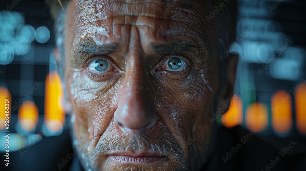 Close-up of a worried face, with a background filled with declining financial graphs and overdue notices. Close-up of a worried face, with a background filled with declining financial graphs and overdue notices.