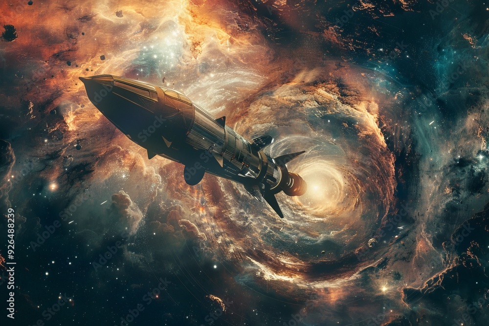 Fototapeta premium A futuristic spaceship travels through a vibrant cosmic vortex, surrounded by colorful galaxies and mysterious celestial wonders.