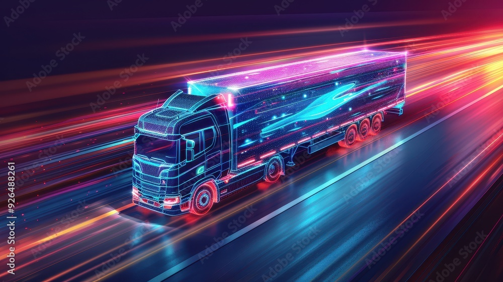 A futuristic truck racing through vibrant neon lights, showcasing speed and modern technology in motion. A futuristic truck racing through vibrant neon lights, showcasing speed and modern technology in motion.