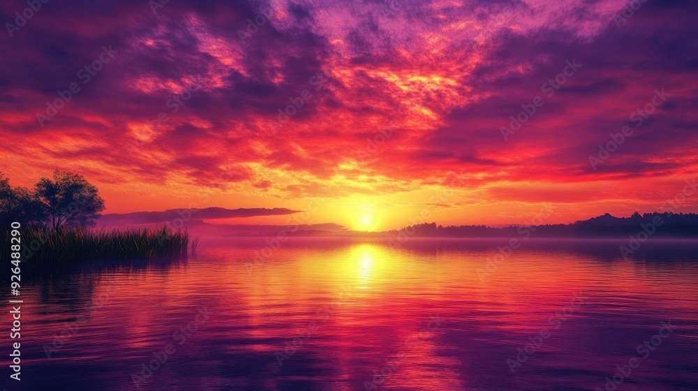 Beautiful sunset over a tranquil lake, with the sky painted in shades of red, purple, and gold. Beautiful sunset over a tranquil lake, with the sky painted in shades of red, purple, and gold.