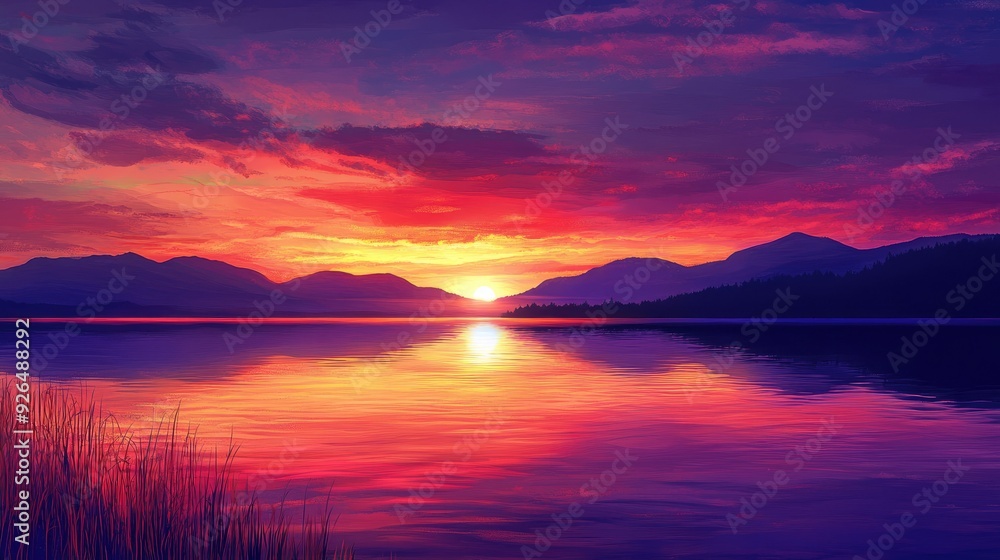 Beautiful sunset over a tranquil lake, with the sky painted in shades of red, purple, and gold. Beautiful sunset over a tranquil lake, with the sky painted in shades of red, purple, and gold.