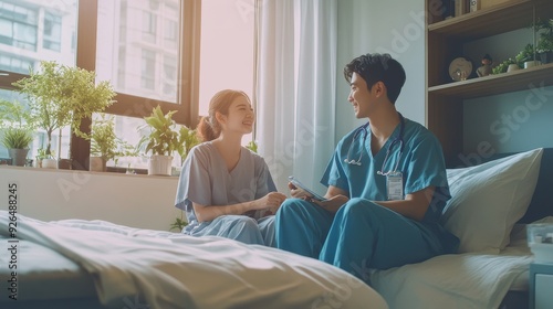 Two healthcare workers share a light moment while discussing care in a bright hospital room