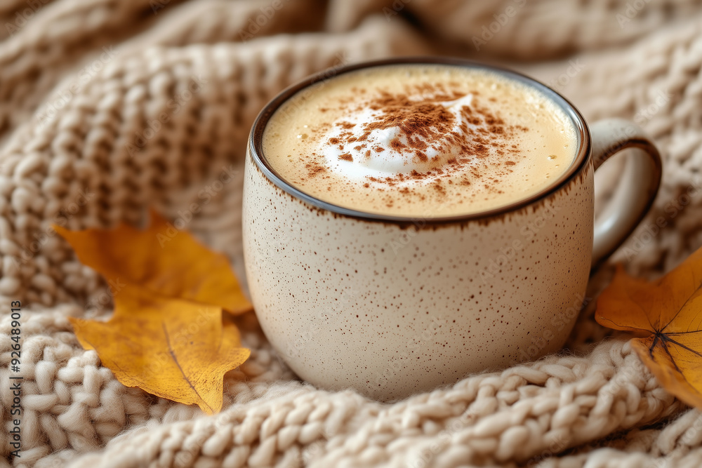 A creamy pumpkin spice latte topped with frothy milk and a dusting of cinnamon sits on a cozy knit blanket the embodiment of autumns warm colors on a background with empty space for text A creamy pumpkin spice latte topped with frothy milk and a dusting of cinnamon sits on a cozy knit blanket the embodiment of autumns warm colors on a background with empty space for text