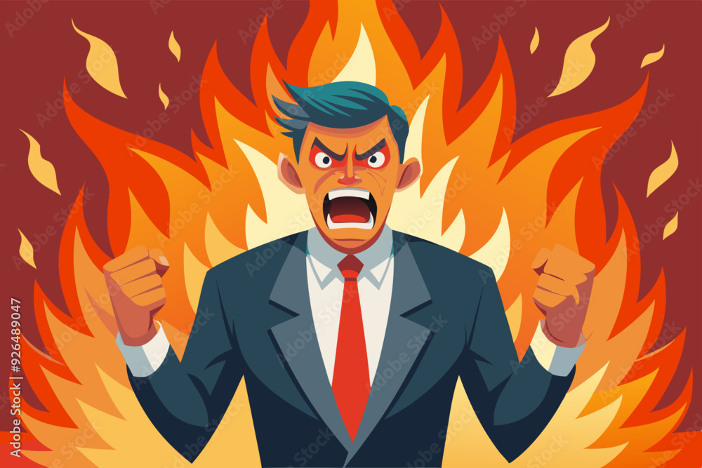 Businessman expressing anger. Angry man in a flame of rage. Vector illustration
Businessman expressing anger. Angry man in a flame of rage. Vector illustration