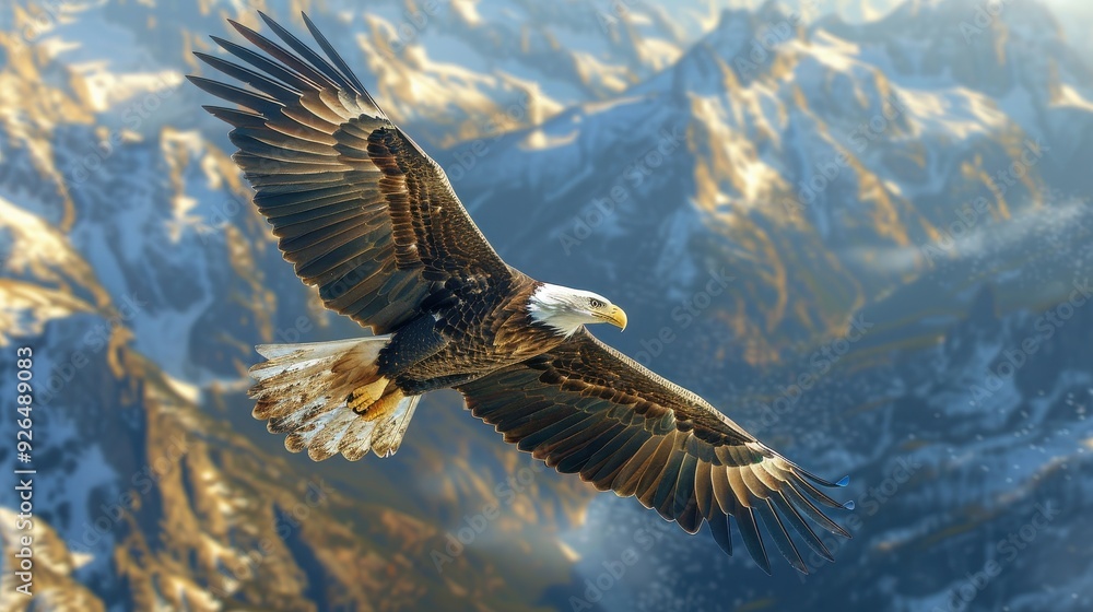 Fototapeta premium A majestic eagle soaring over snow-capped mountains, showcasing its powerful wings and keen eyesight against a stunning landscape.