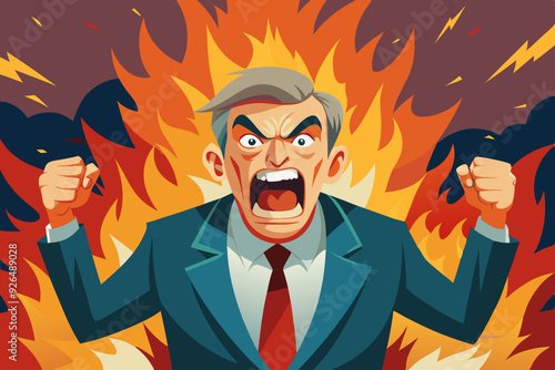 Businessman expressing anger. Angry man in a flame of rage. Vector illustration
