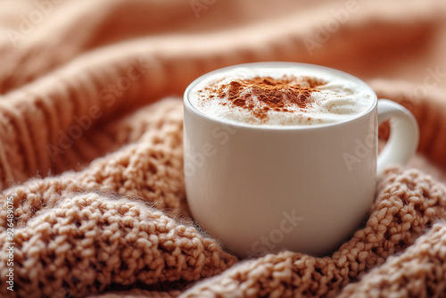 A creamy pumpkin spice latte topped with frothy milk and a dusting of cinnamon sits on a cozy knit blanket the embodiment of autumns warm colors on a background with empty space for text