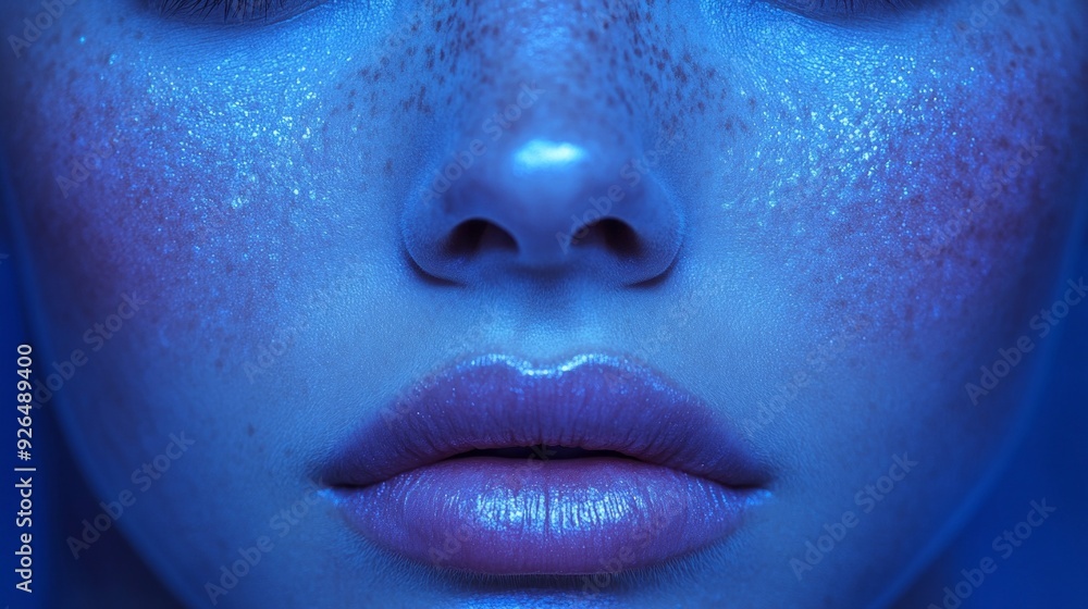 The luminous blue light highlights the woman's flawless skin and charming freckles, creating an enchanting and artistic visual experience The luminous blue light highlights the woman's flawless skin and charming freckles, creating an enchanting and artistic visual experience