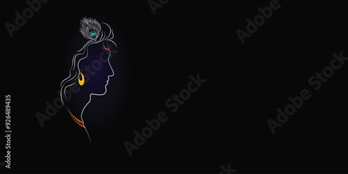 lord krishna simple line art vector illustration on dark background. 