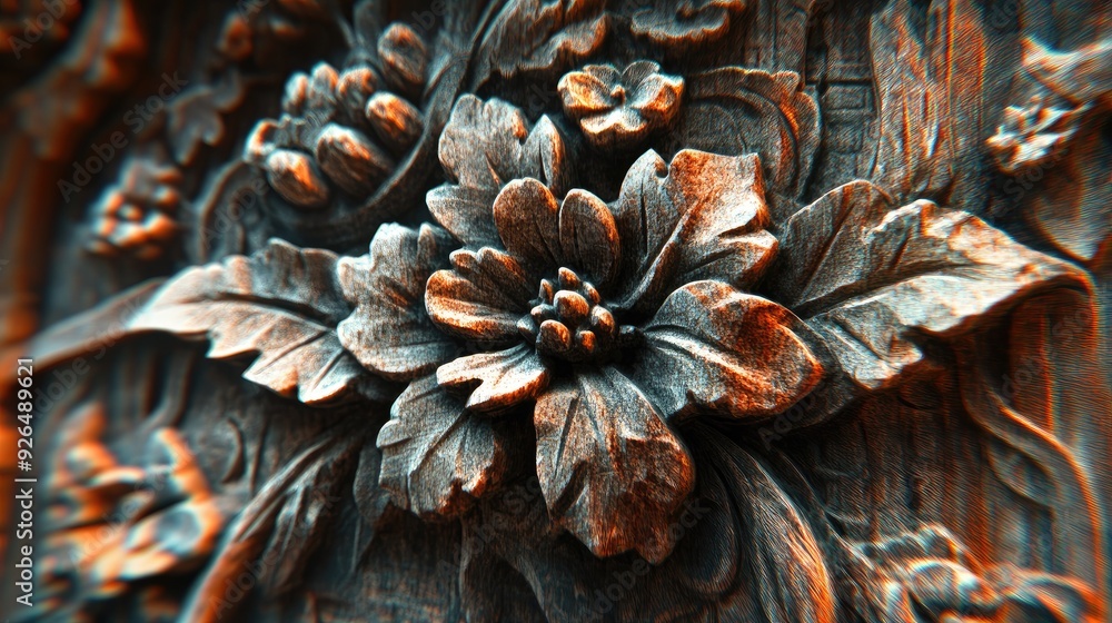 Obraz premium Close-up 3D photography of a Thai temple carving, with intricate floral patterns emerging from the stone surface.