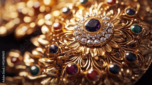 Close-up 3D photography of a traditional Thai jewelry piece, highlighting the raised gold designs and embedded gemstones.