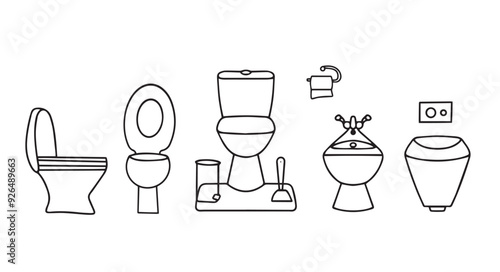 Set of toilets in doodle style. Toilet with toilet paper. Vector. Vector illustration