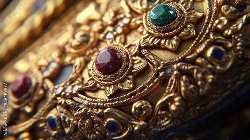 Close-up 3D photography of a traditional Thai jewelry piece, highlighting the raised gold designs and embedded gemstones.