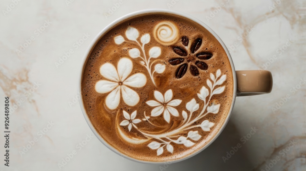 A Cup of Coffee with Flower Latte Art. Top View A Cup of Coffee with Flower Latte Art. Top View