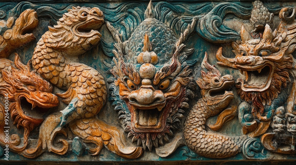 Close-up 3D view of a Thai mural, focusing on the raised elements of mythical creatures and gods. Close-up 3D view of a Thai mural, focusing on the raised elements of mythical creatures and gods.
