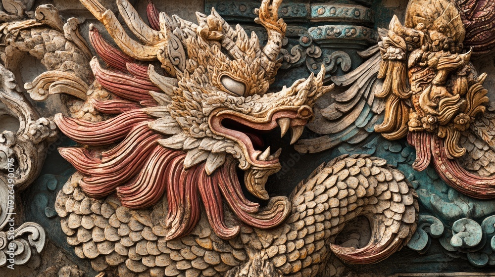 Close-up 3D view of a Thai mural, focusing on the raised elements of mythical creatures and gods. Close-up 3D view of a Thai mural, focusing on the raised elements of mythical creatures and gods.