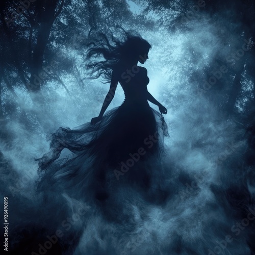 Ghostly silhouette of a woman in a flowing dress, floating through a dark forest, legends, haunting beauty