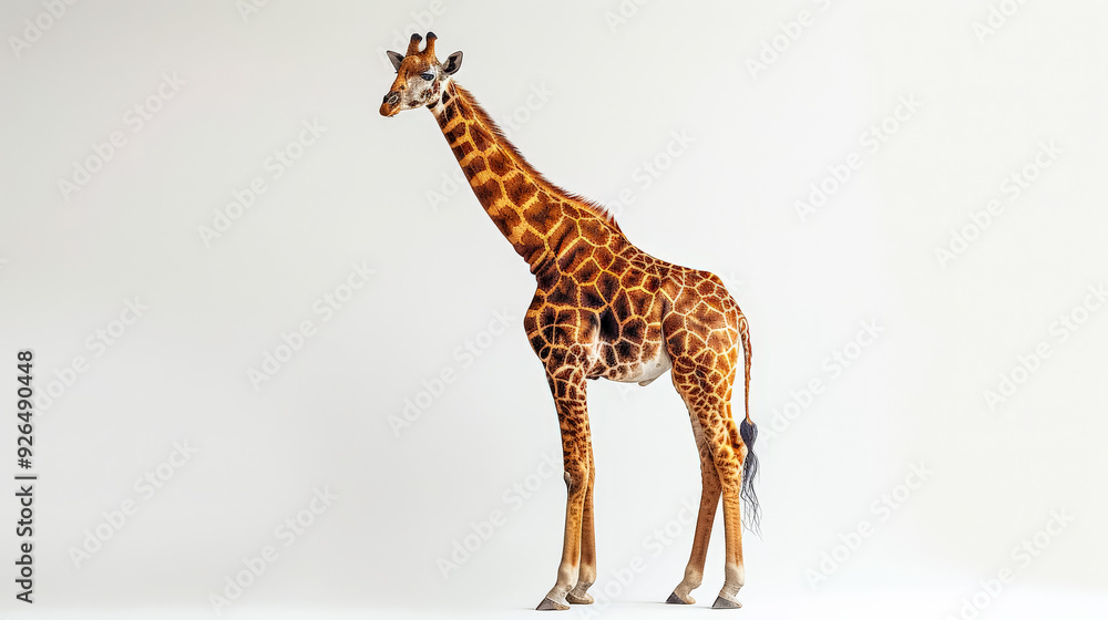 Naklejka premium A giraffe standing in front of a white background. The giraffe is the main focus of the image, and it is looking to the right. The white background creates a sense of contrast