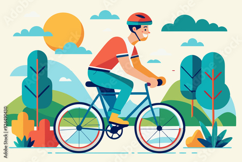 Happy man dressed in sportswear and a helmet rides a bicycle. Bike ride. Cyclist. Leisure and Active holiday
