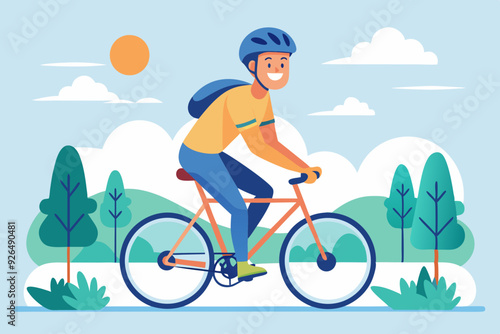 Happy man dressed in sportswear and a helmet rides a bicycle. Bike ride. Cyclist. Leisure and Active holiday
