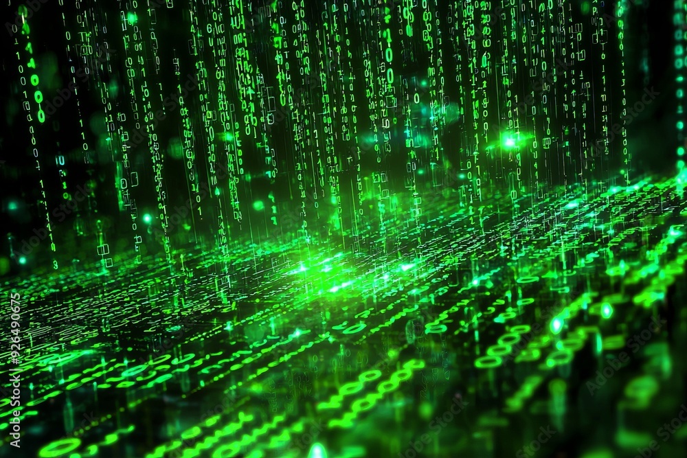 Green Dark Binary Code with Data Streaming Background created with Generative AI Green Dark Binary Code with Data Streaming Background created with Generative AI