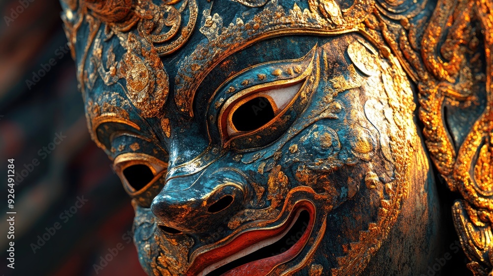 Detailed 3D shot of a traditional Thai mask, highlighting the elaborate paintwork and embossed textures. Detailed 3D shot of a traditional Thai mask, highlighting the elaborate paintwork and embossed textures.