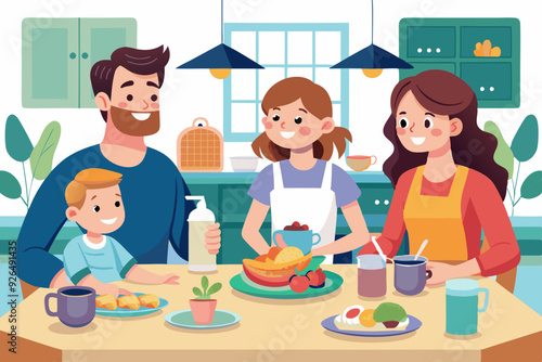 Happy family eating in the kitchen. Father, mother, son and daughter have breakfast at the table at home
