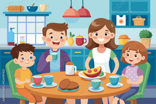 Happy family eating in the kitchen. Father, mother, son and daughter have breakfast at the table at home
